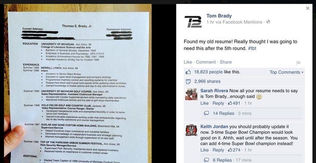 tom brady posts his back up resume on facebook