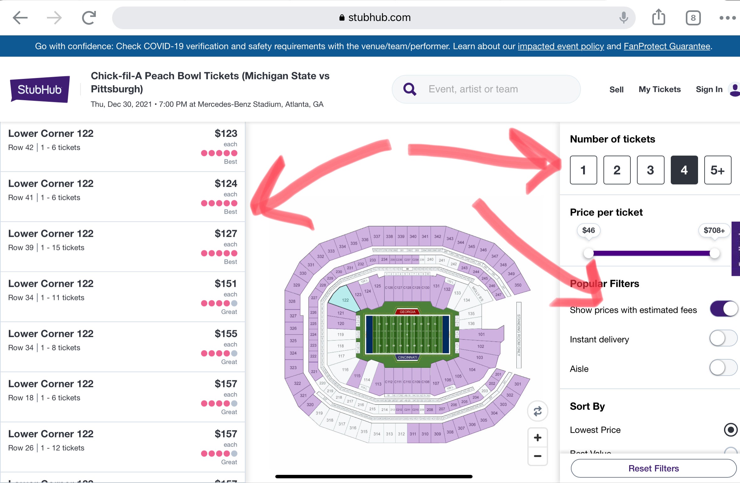 4 Peach Bowl Tickets for Sale Below face value. No Fees