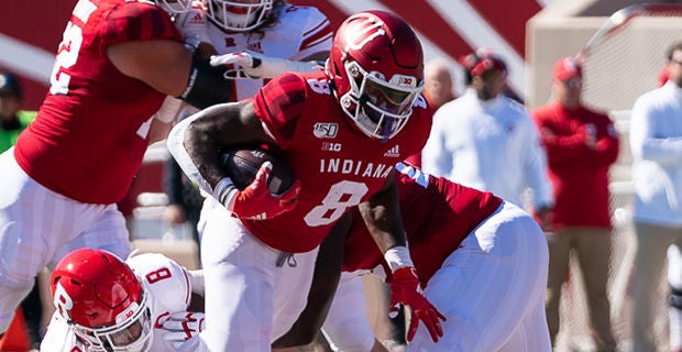 Indiana running back Stevie Scott III (8) scores a two-point