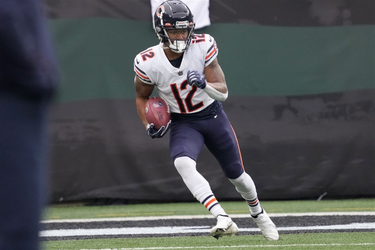 Chicago Bears wide receiver Velus Jones Jr. (12) warms up before an NFL  football game against the New York Jets on Sunday, Nov. 27, 2022, in East  Rutherford, N.J. (AP Photo/Adam Hunger