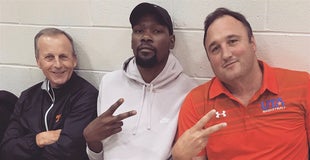 Barnes courtside with Durant while recruiting at Peach Jam Barnes courtside with Durant while recruiting at Peach Jam