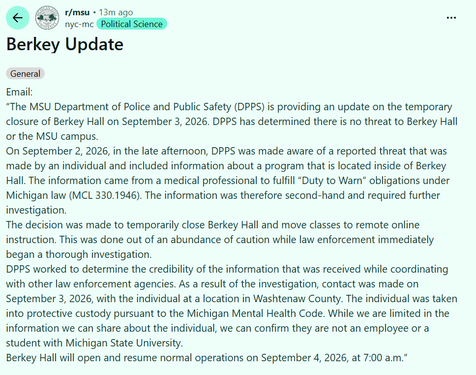 Postcode 6743 Berkey Hall closed due to threat