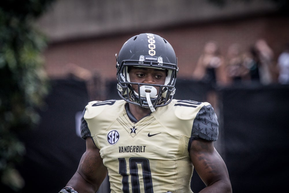 Vanderbilt wide receiver Trent Sherfield (10) celebrates after a reception  against Western Kentucky in the first half of an NCAA college football game  Saturday, Nov. 4, 2017, in Nashville, Tenn. Sherfield scored