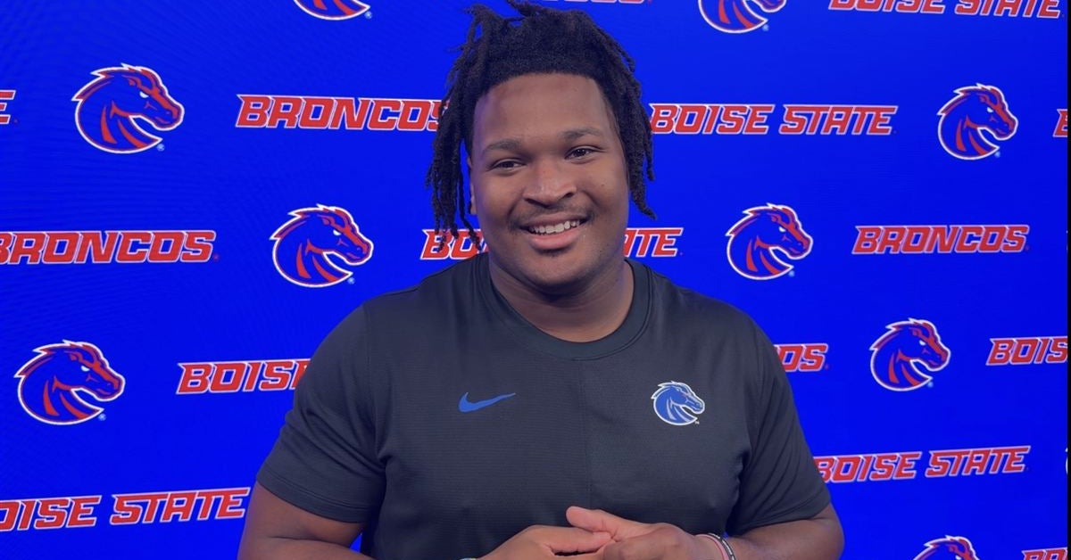  Boise State LT Tyler Ethridge talks with the media after Wednesday's first practice of fall camp