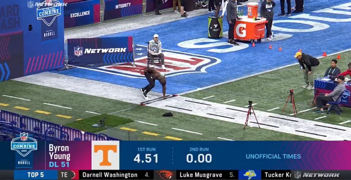 NFL Combine 2023: Tennessee edge rusher Byron Young runs 40-yard dash in  4.43 seconds