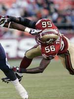 Kentwan Balmer of the San Francisco 49ers looks on before a preseason game  against the Green Bay Packers on August 16 20…