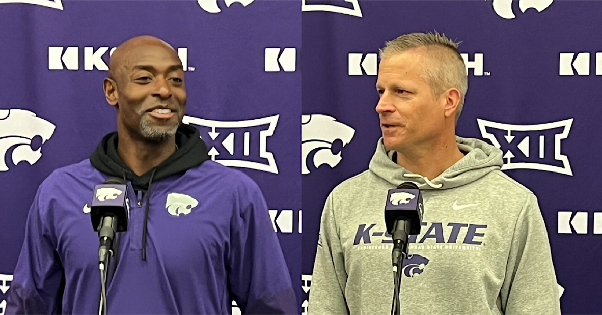 K-State assistants Cory Patterson and Nick Toth speak with media