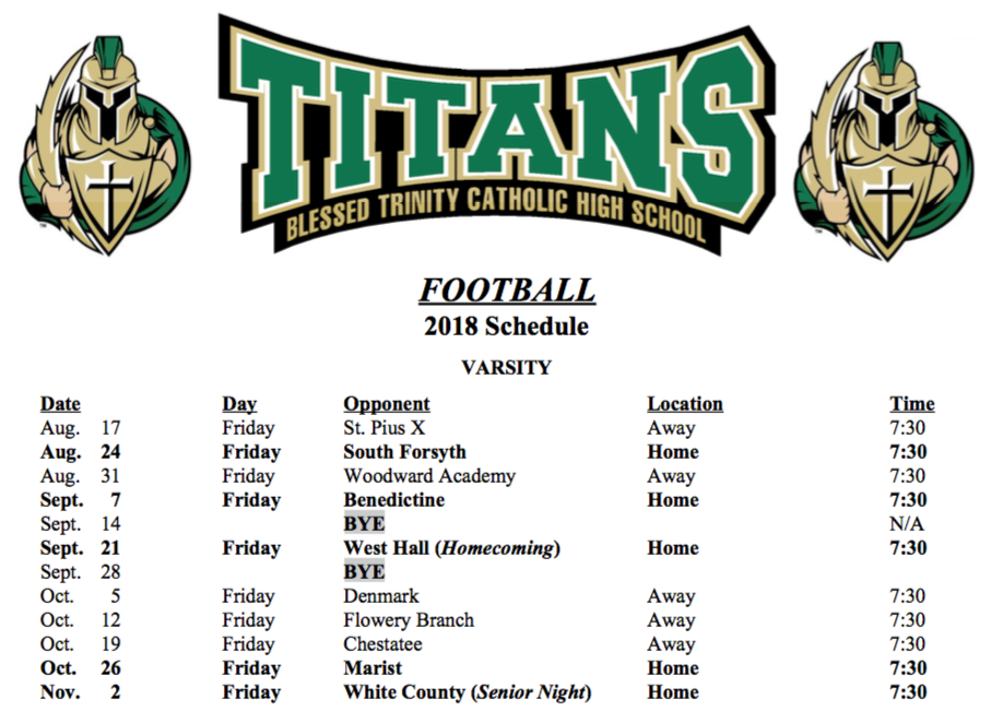 2018 Blessed Trinity Football Schedule