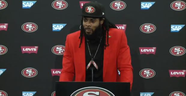 Former NFL player Richard Sherman talks in the  Prime Video broadcast  booth before a preseason NFL football game between the Los Angeles Rams and  the Houston Texans Friday, Aug. 19, 2022