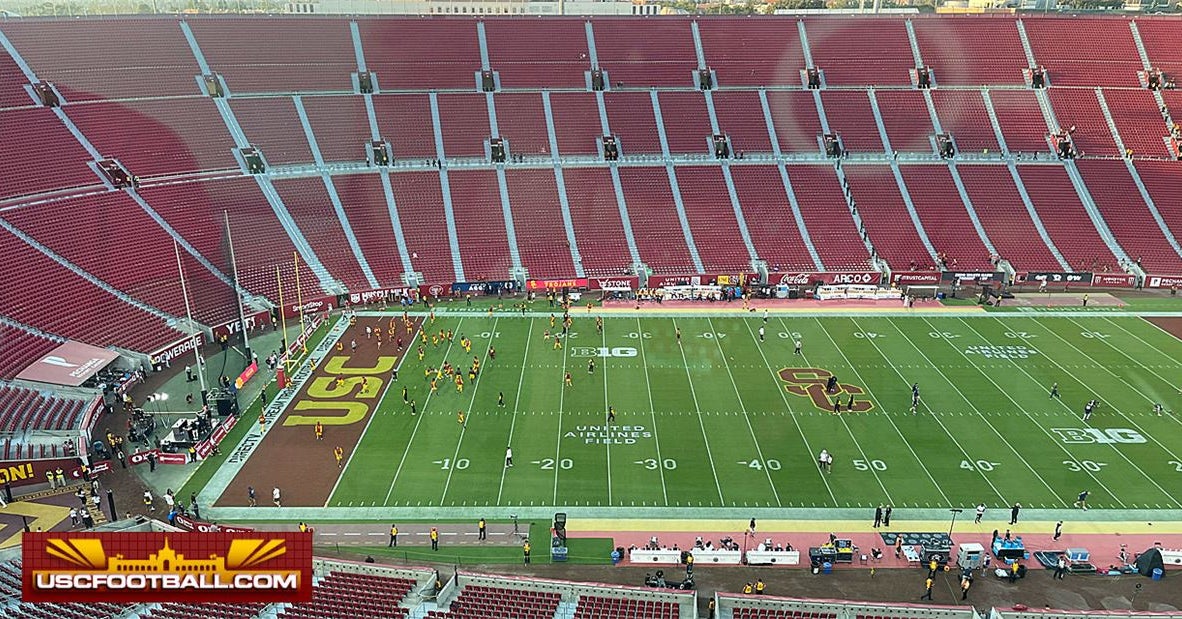 From the Coliseum, warm-ups before the USC vs. Utah State game and the Trojan Marching Band