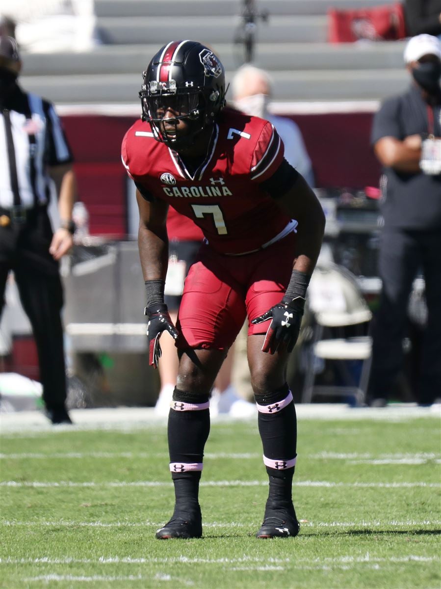 Jammie Robinson of the Carolina Panthers readies at the line of