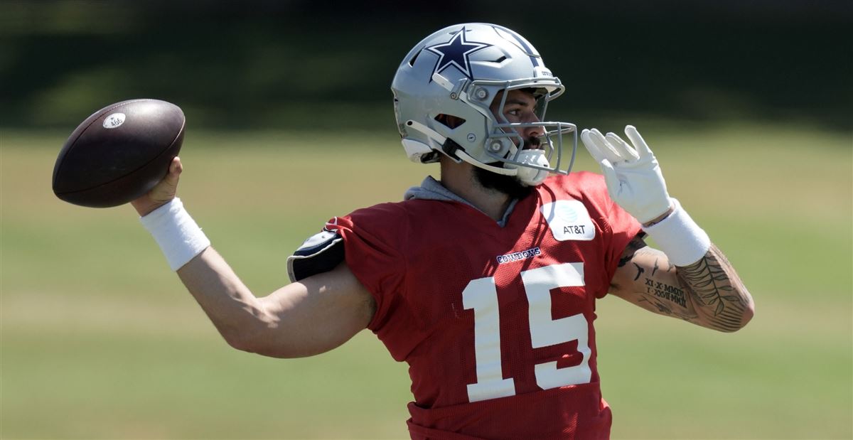 Dallas Cowboys quarterbacks Cooper Rush (10), Will Grier (15) and