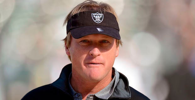 Jon Gruden spotted wearing old Raiders hat during game, makes the switch