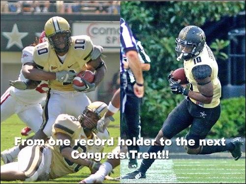 Vanderbilt wide receiver Trent Sherfield (10) celebrates after a reception  against Western Kentucky in the first half of an NCAA college football game  Saturday, Nov. 4, 2017, in Nashville, Tenn. Sherfield scored