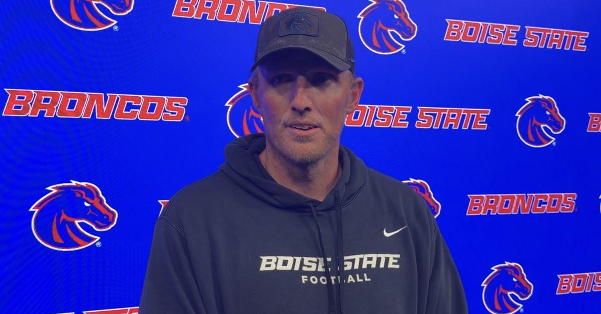 Boise State offensive coordinator Nate Potter talks with the media after Thursday's practice