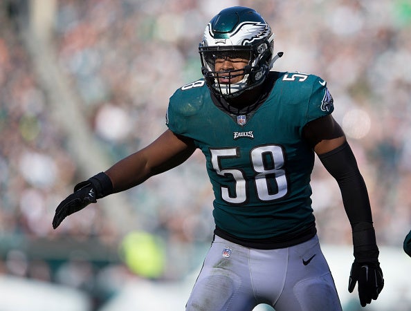 Philadelphia Eagles long snapper Rick Lovato (45) lines up over the ball  for the snap during an NFL football game against the Dallas Cowboys,  Monday, Sept. 27, 2021, in Arlington, Texas. (AP