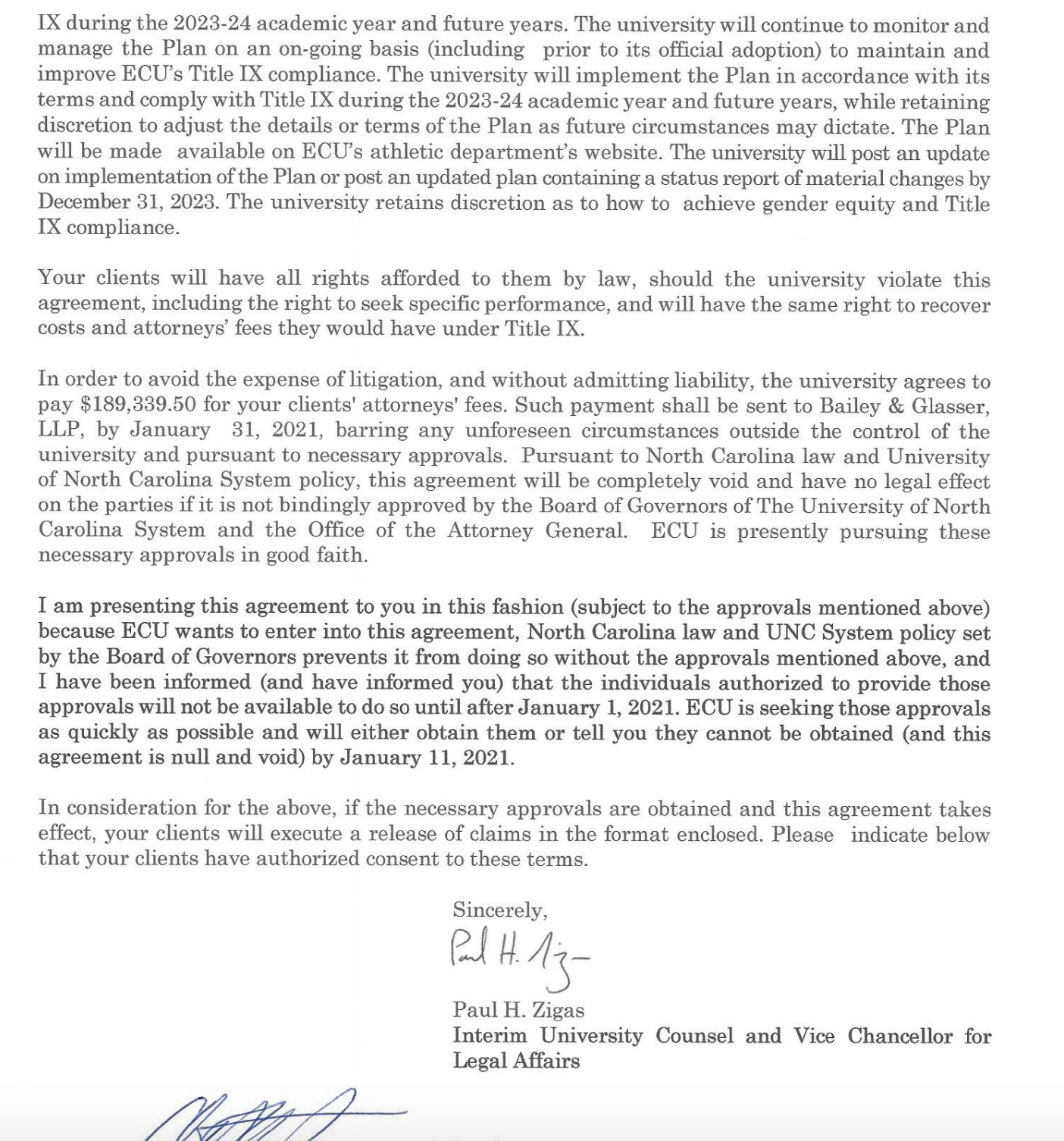 A copy of the settlement agreement between ECU, Title IX lawyer