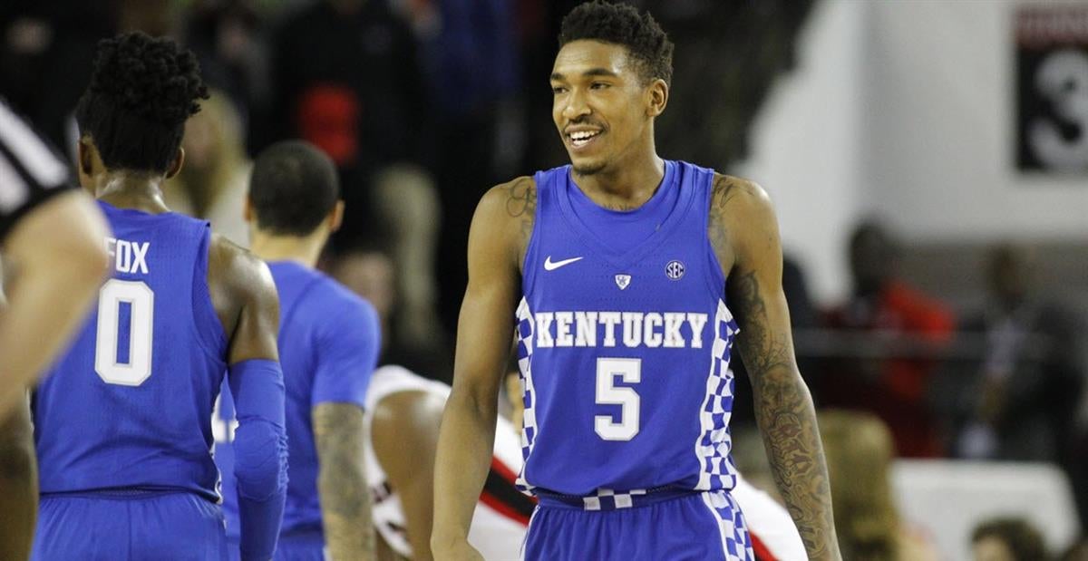 Kentucky guard Malik Monk (5) made a “3” with his fingers after hitting a  three-pointer late in the game…