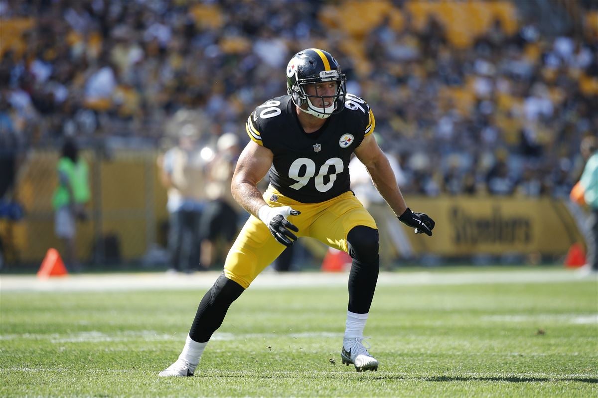 FILE--In this Aug. 20, 2017, file photo, Pittsburgh Steelers linebacker  T.J. Watt (90) leaps to defend during an NFL preseason football game  against the Atlanta Falcons in Pittsburgh. Watt has spent his