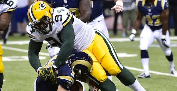 Green Bay Packers tackle Caleb Jones (72) blocks during an NFL