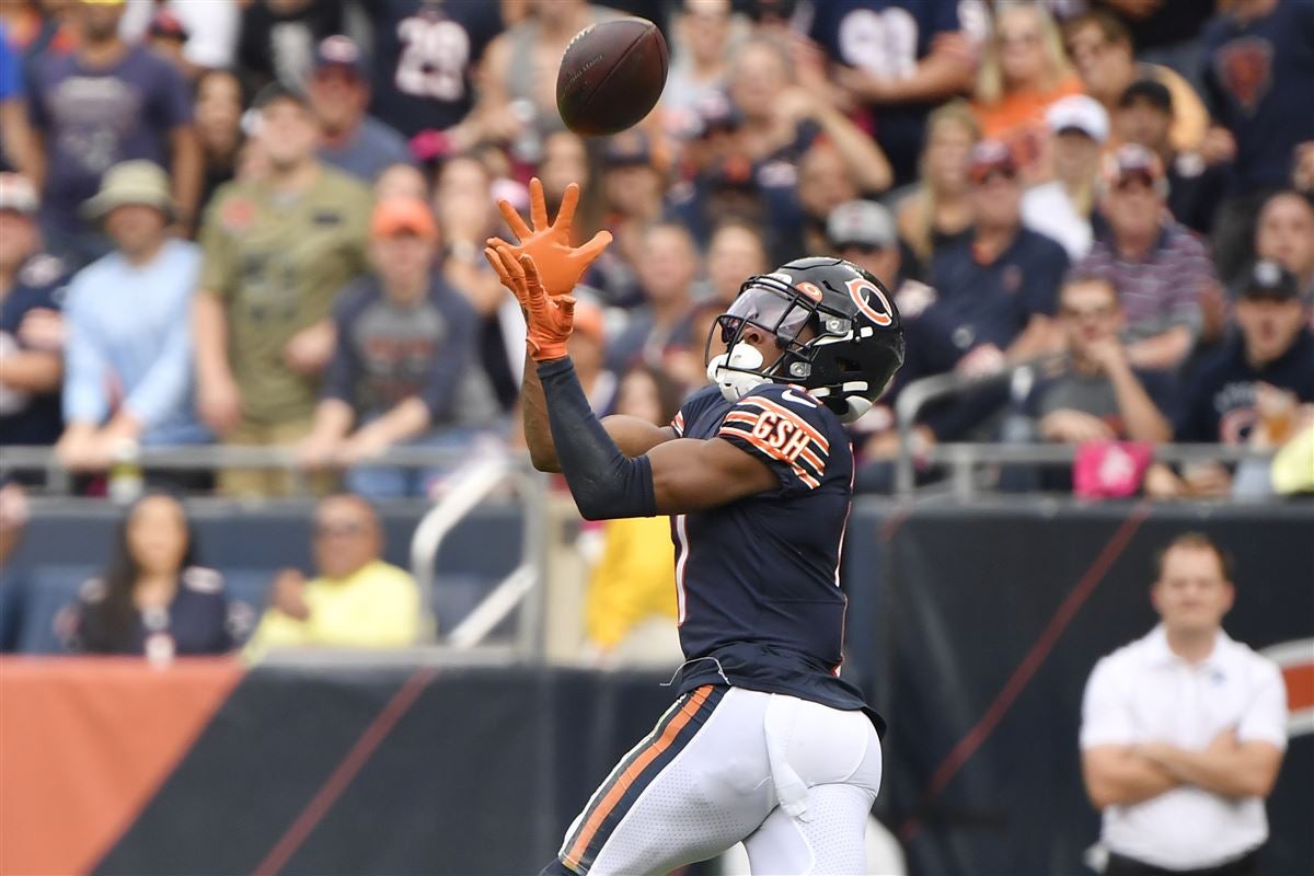 Darnell Mooney of the Chicago Bears reacts after catching a pass