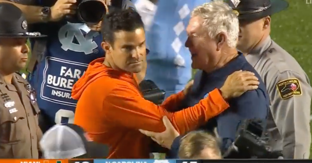Miami's Manny Diaz, UNC's Mack Brown share icy handshake after Tar Heels win over Hurricanes Miami's Manny Diaz, UNC's Mack Brown share icy handshake after Tar Heels win over Hurricanes