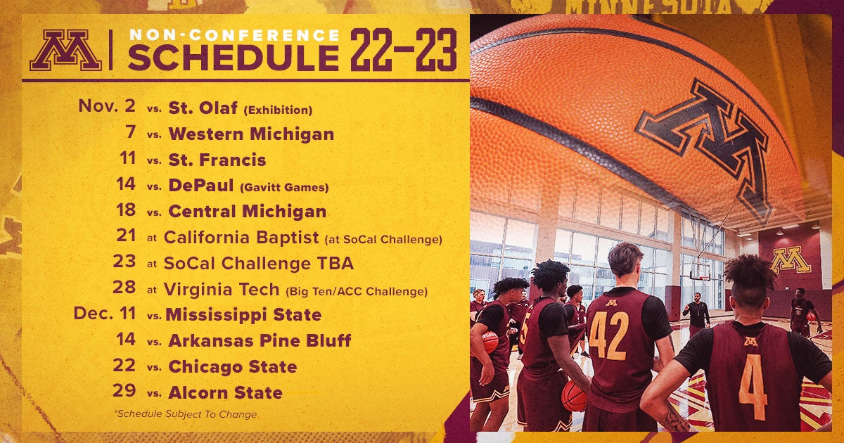 Minnesota Gopher Basketball 202223 Non Conference Schedule Announced