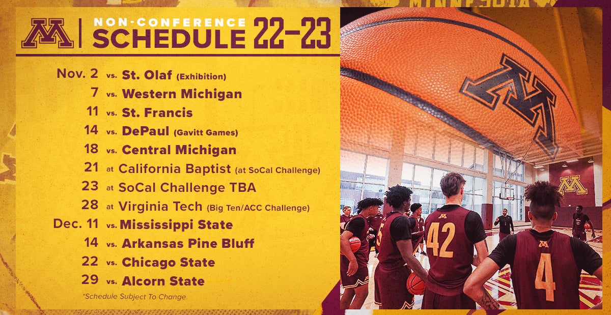 Minnesota Gopher Basketball 202223 Non Conference Schedule Announced