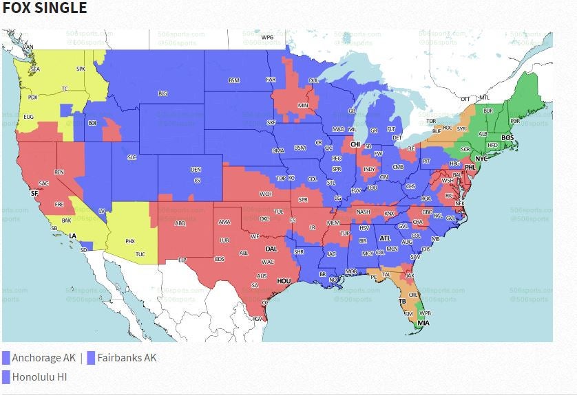 Week 1 NFL Broadcast map. Map on 506sports if interested to see weekly. : r/ nfl