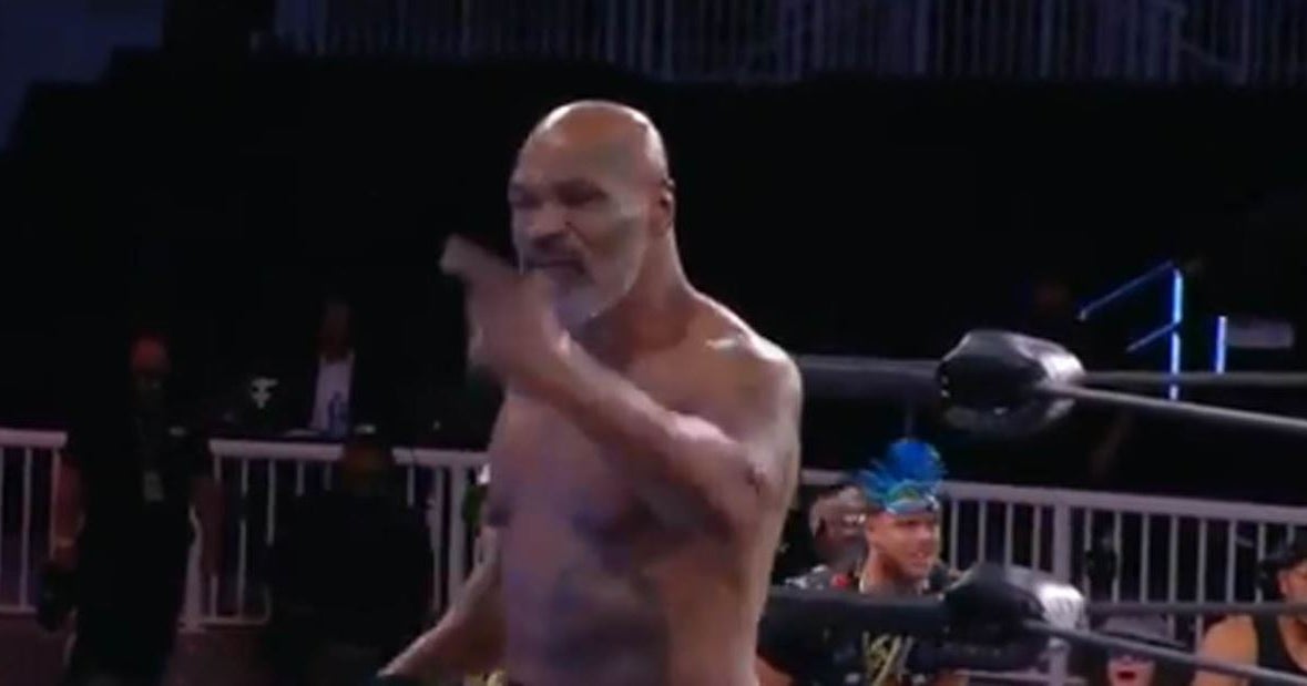 LOOK Mike Tyson goes shirtless looking for fight at AEW PPV