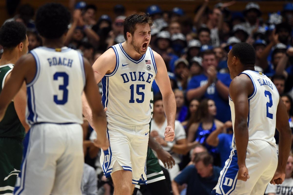 Duke center Ryan Young (15) aims from the free-throw line during