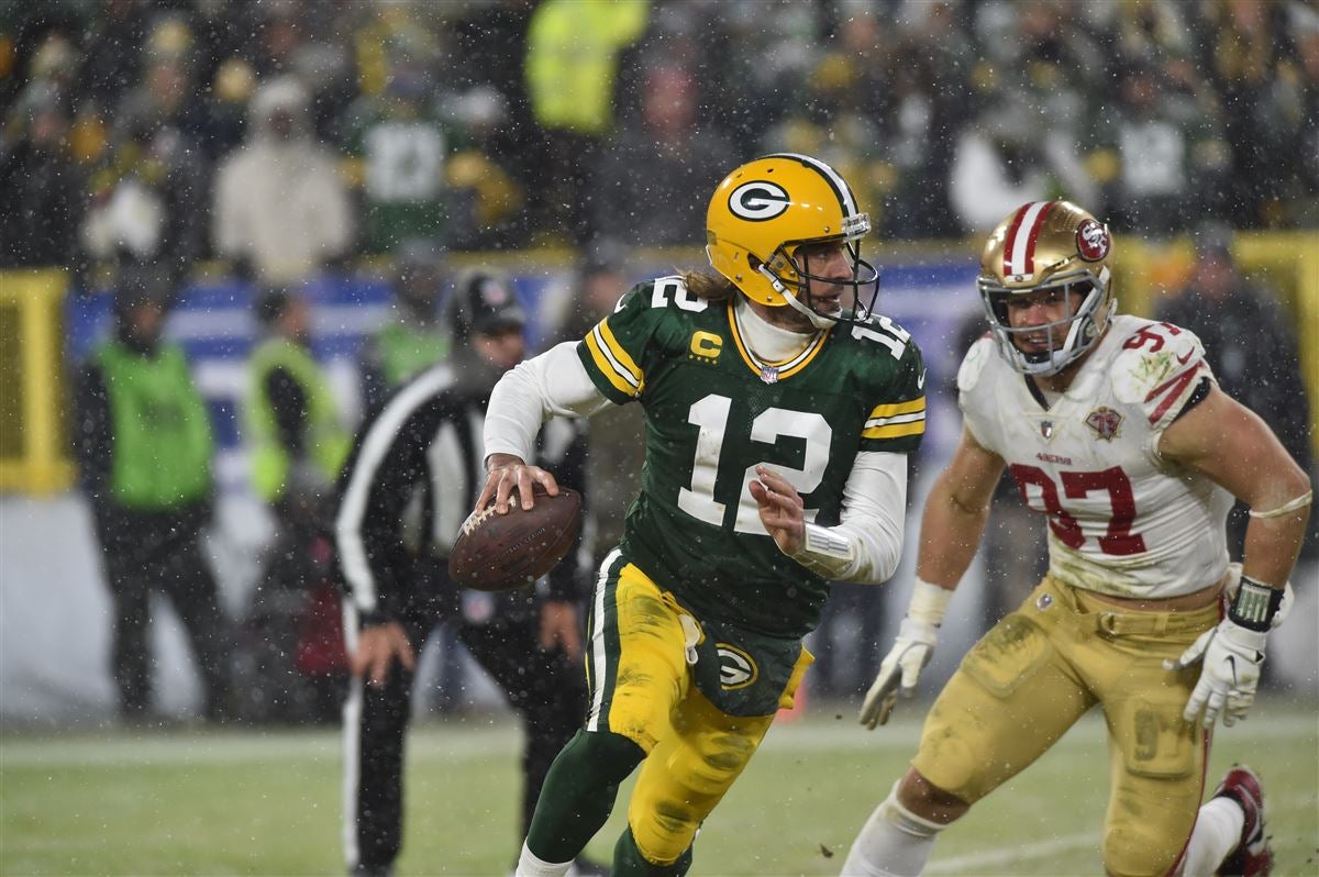 January 22, 2022: San Francisco 49ers defensive end Nick Bosa (97) during  the NFL divisional playoff football game between the San Francisco 49ers  and the Green Bay Packers at Lambeau Field in