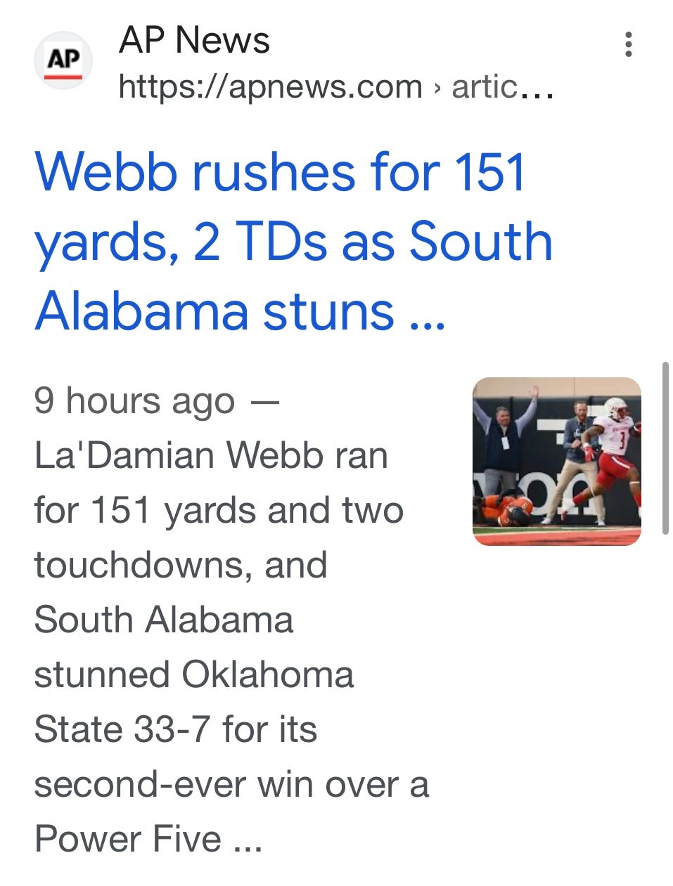 Webb rushes for 151 yards, 2 TDs as South Alabama stuns Oklahoma