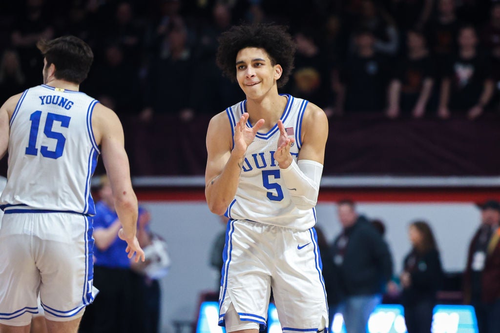 February 28, 2023: Duke Blue Devils guard Jeremy Roach (3) shots against North  Carolina State Wolfpack guard Jack Clark (5) during the second half of the  ACC basketball matchup at Cameron Indoor