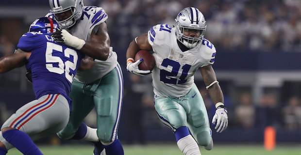 Dallas Cowboys running back Ezekiel Elliott (21) stands on stands against  the Denver Broncos in the first half of an NFL football game Saturday, Aug  13, 2022, in Denver. (AP Photo/Bart Young