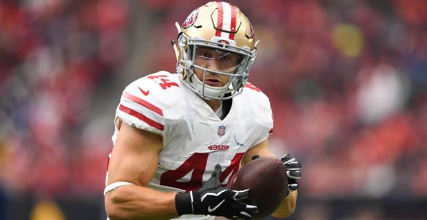 San Francisco 49ers (#44) full back Kyle Juszczyk speaks to the