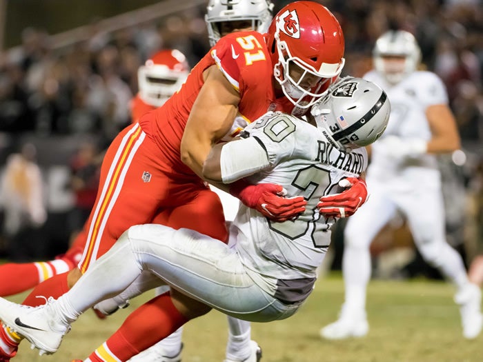 Kansas City Chiefs linebacker Frank Zombo (51) during the first half of an  NFL preseason football game in Kansas City, Mo., Friday, August 11, 2017.  (AP Photo/Reed Hoffmann Stock Photo - Alamy