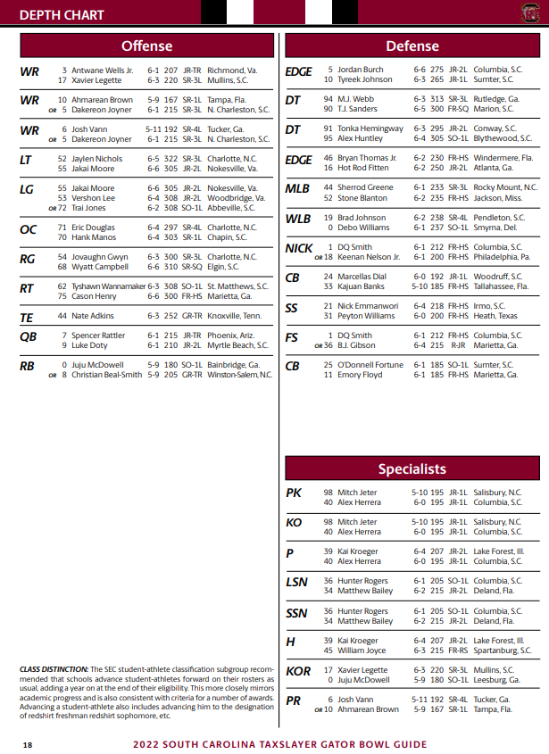 Gamecocks and Irish Depth Charts