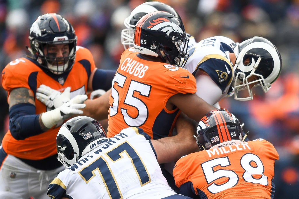 Denver Broncos outside linebacker Bradley Chubb (55) reacts to a defensive  stop against the Chicago Bears during the first half of an NFL football  game, Sunday, Sept. 15, 2019, in Denver. (AP