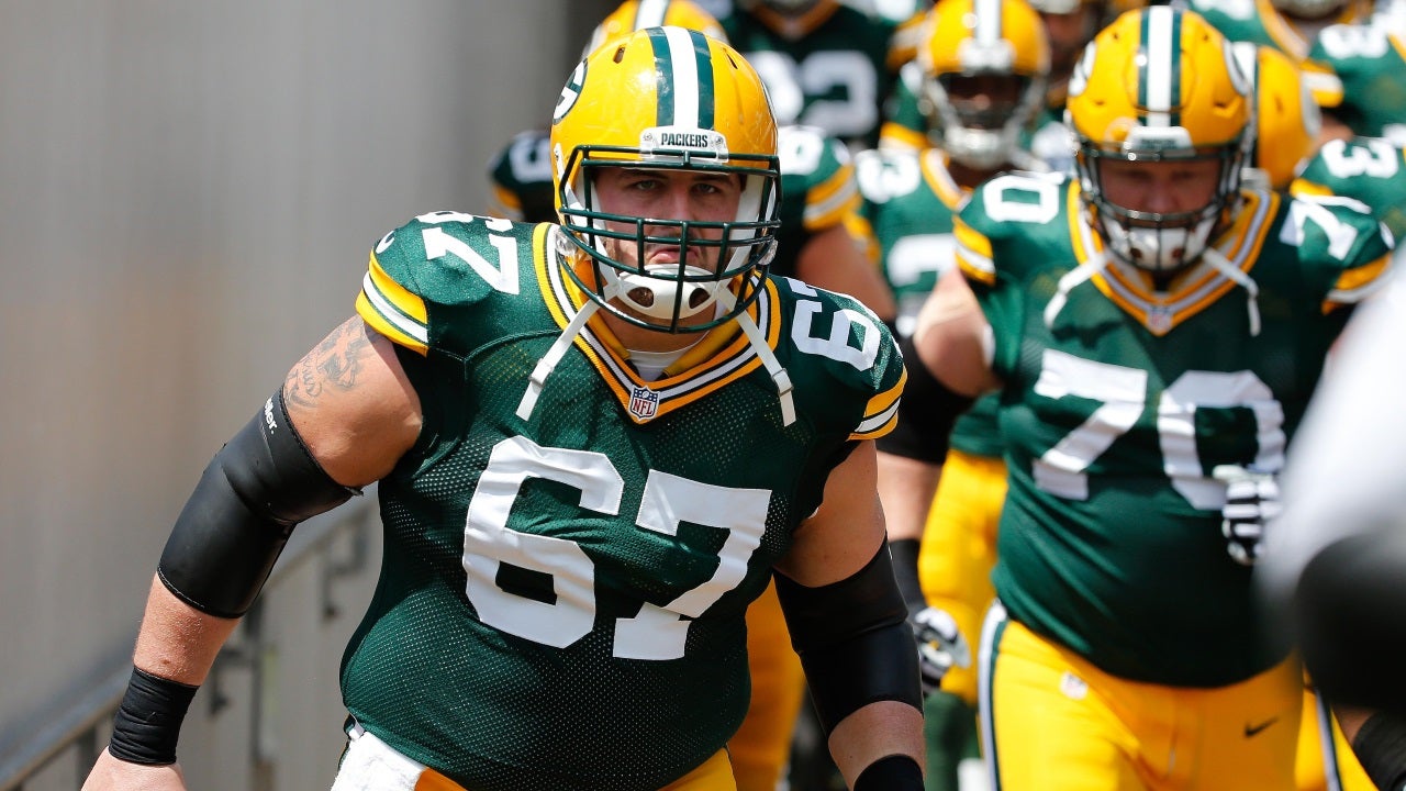 Green Bay Packers offensive guard T.J. Lang is shown before their