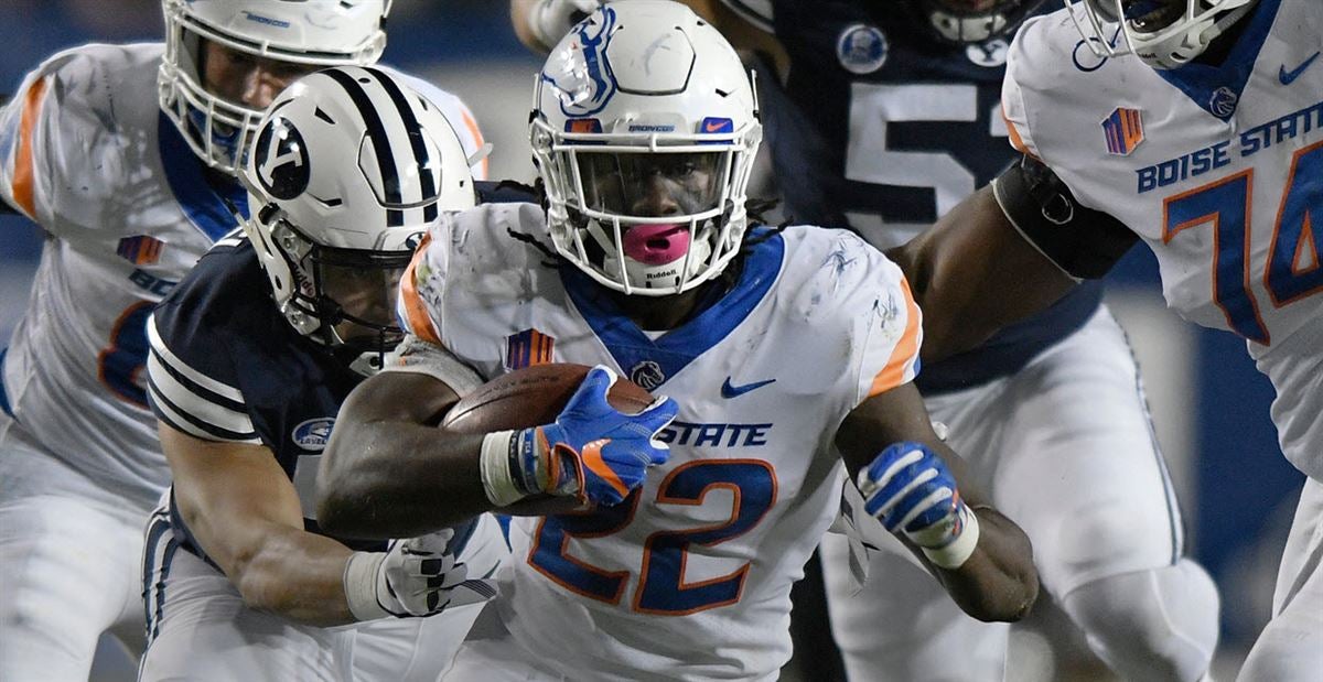 BOISE, ID - OCTOBER 21: Boise State Broncos running back Alexander Mattison  (22) shows some frustration after running out of bounds during the regular  season game between the Wyoming Cowboys verses the