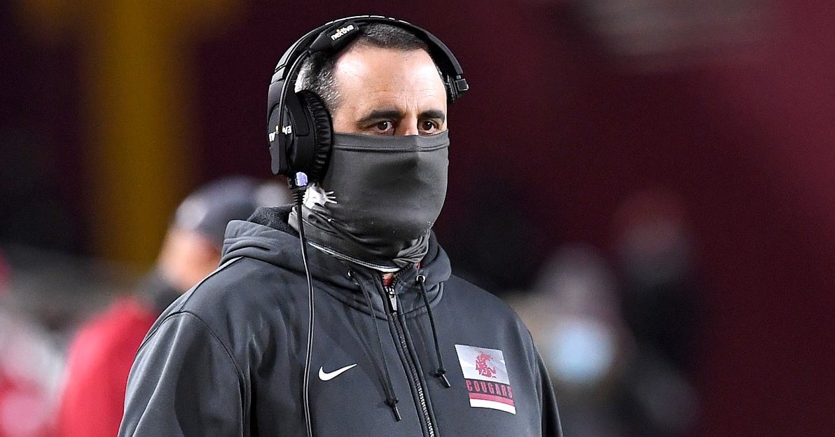 Five WSU assistant coaches and Nick Rolovich masked up for first fall camp practice