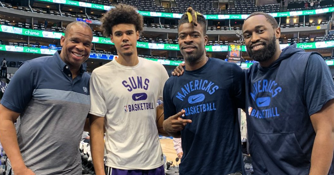Hubert Davis Visits Theo Pinson, Reggie Bullock, & Cam Johnson at Playoff Game Hubert Davis Visits Theo Pinson, Reggie Bullock, & Cam Johnson at Playoff Game