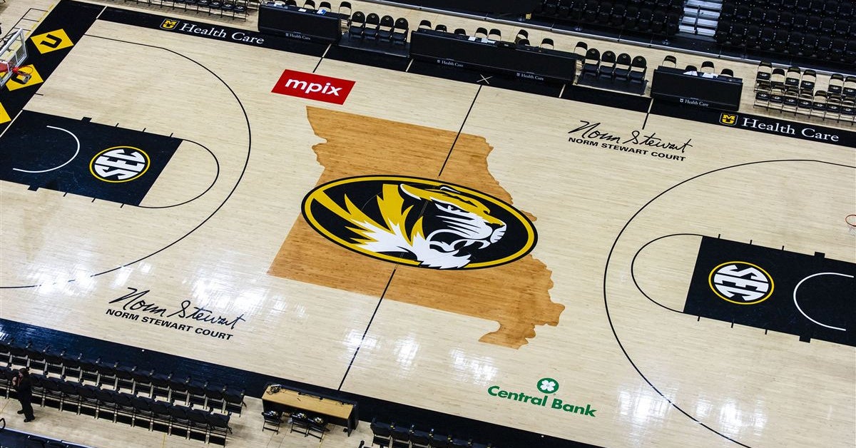 Sponsorship logos added on Norm Stewart Court at Mizzou Arena