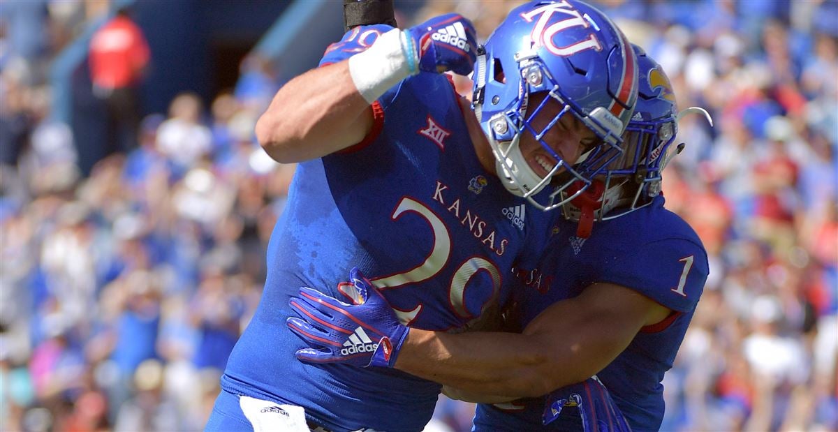 Kansas place kicker Gabriel Rui (7) celebrates with safety Bryce Torneden  (1) after kicking a field goal during the first half of an NCAA college  football game against Kansas State, Saturday, Nov.