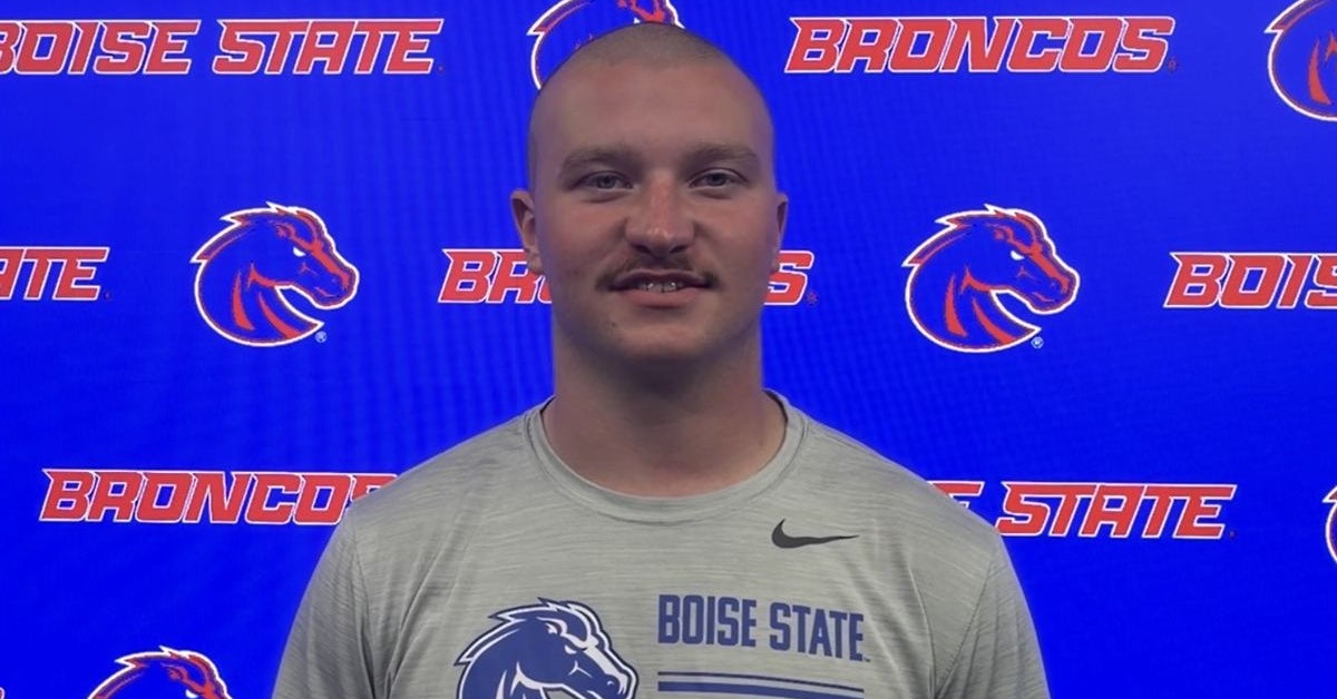  Boise State EDGE Roman Caywood talks with the media after Monday's practice