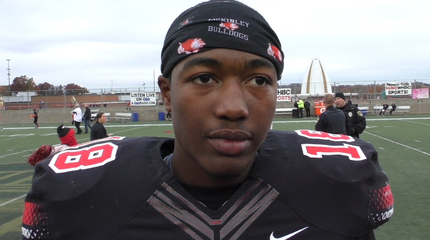 Canton native Dominque Robinsons speaks to McKinley football team