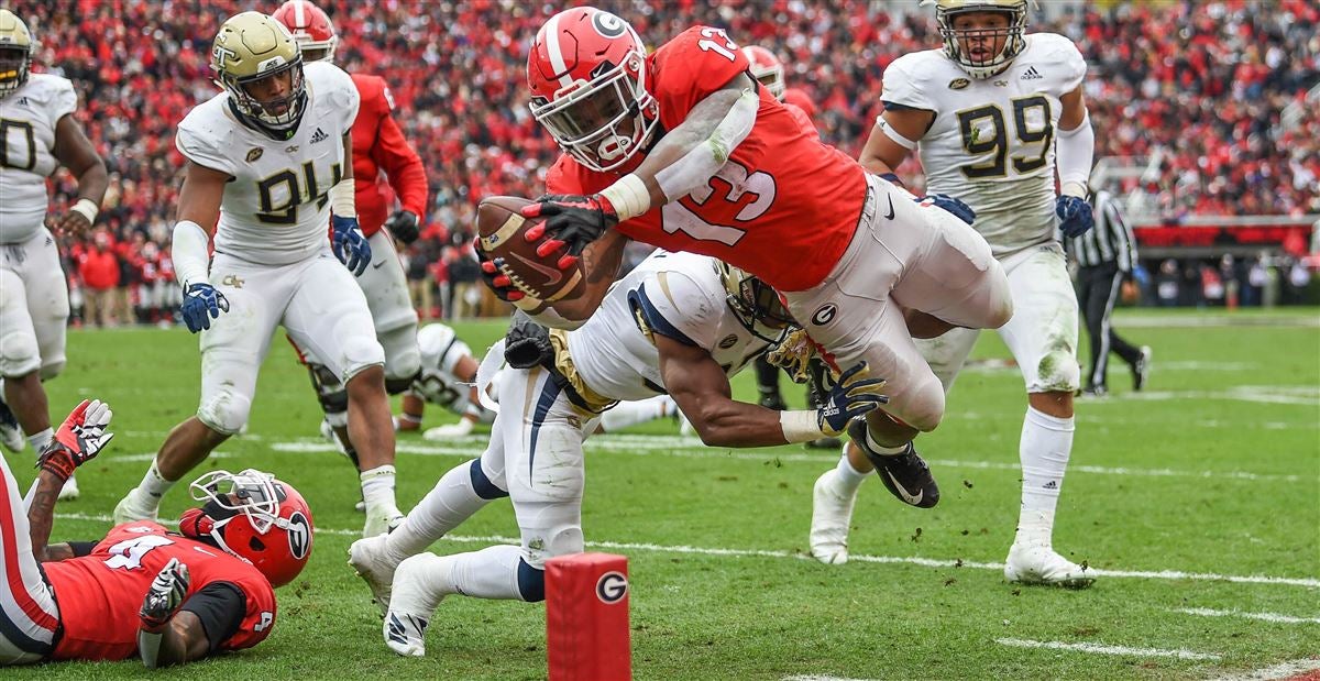 Georgia running back Elijah Holyfield finishes a football drill during  Georgia Pro Day, Wednesday, March 20, 2019, in Athens, Ga. (AP Photo/John  Amis Stock Photo - Alamy