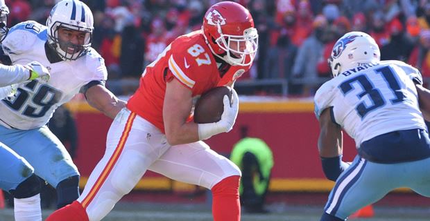 FILE – In this Dec. 13, 2018, file photo, Kansas City Chiefs tight end  Travis Kelce (87) during warm-ups before the start of an NFL football game  in Kansas City, Mo. Kelce