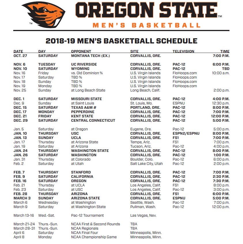 Men's Basketball 201819 Schedule Released